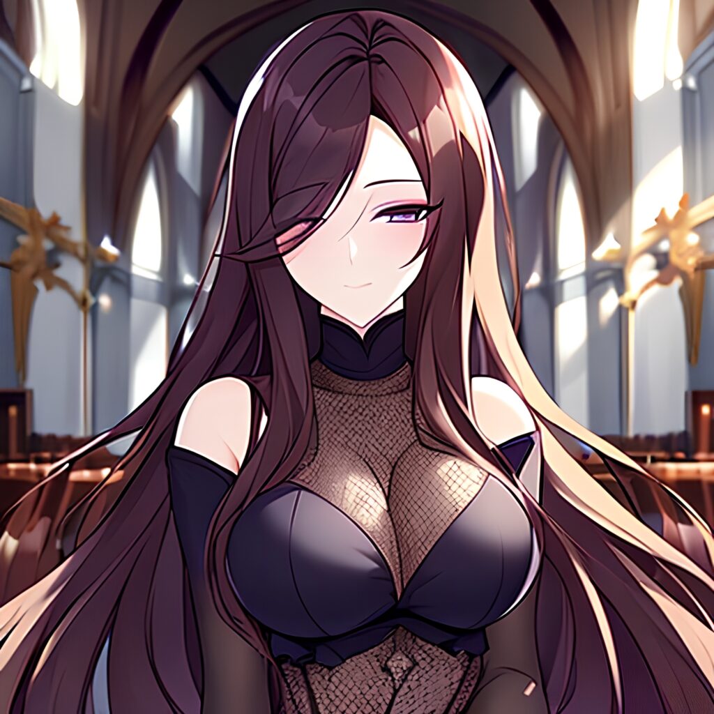 messy hair church woman fishnet brunette long hair