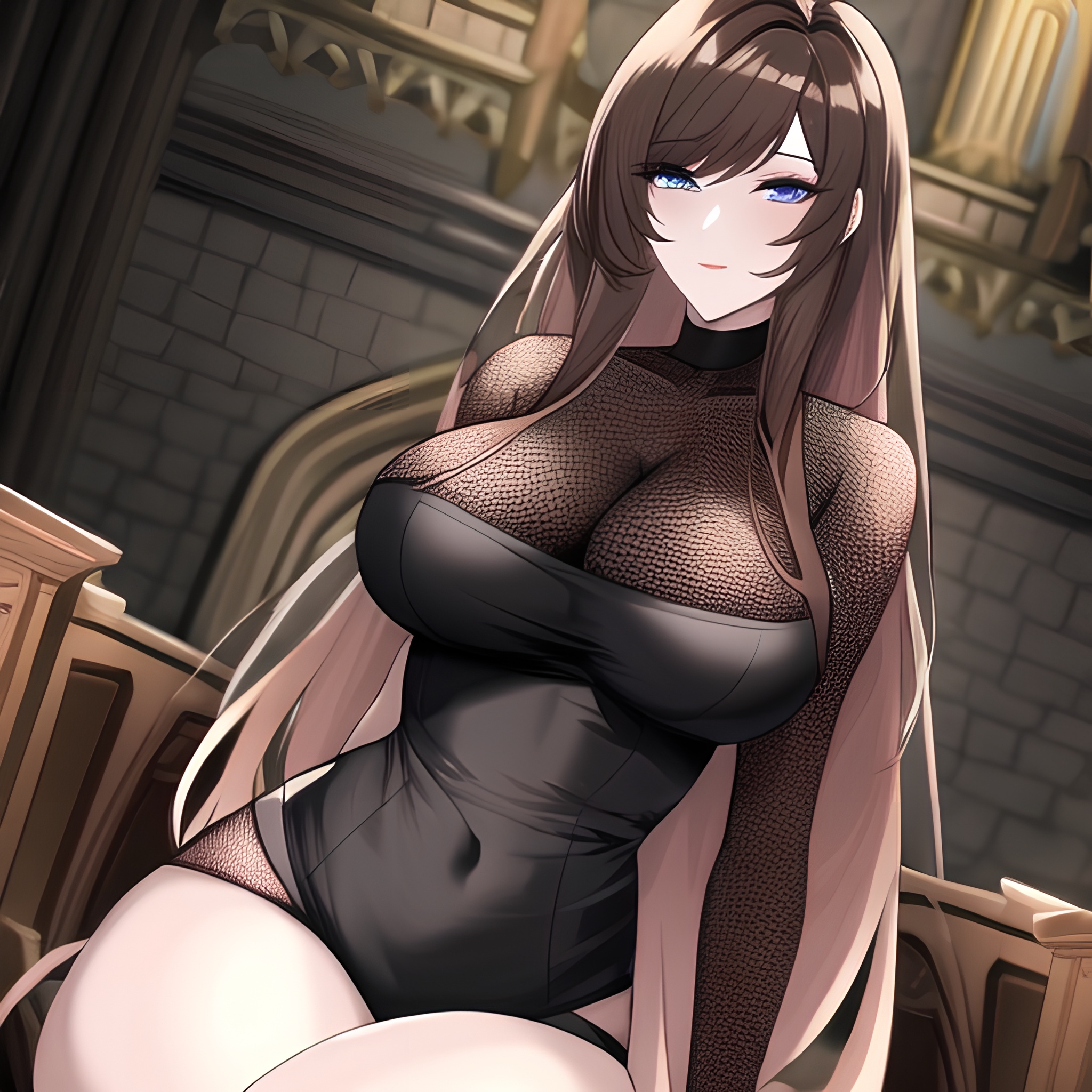 messy hair church woman fishnet long hair brunette 