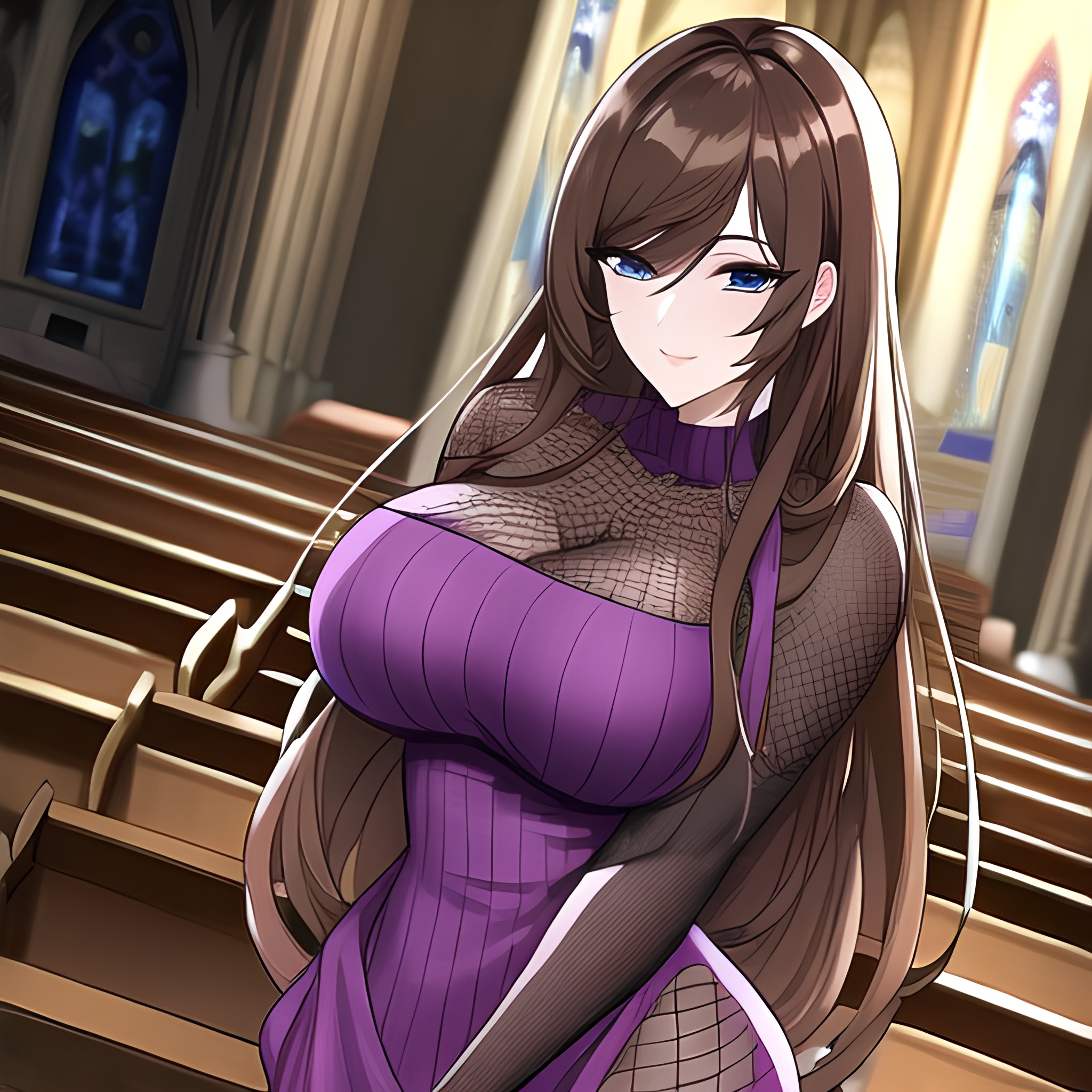 messy hair church woman fishnet long hair brunette 