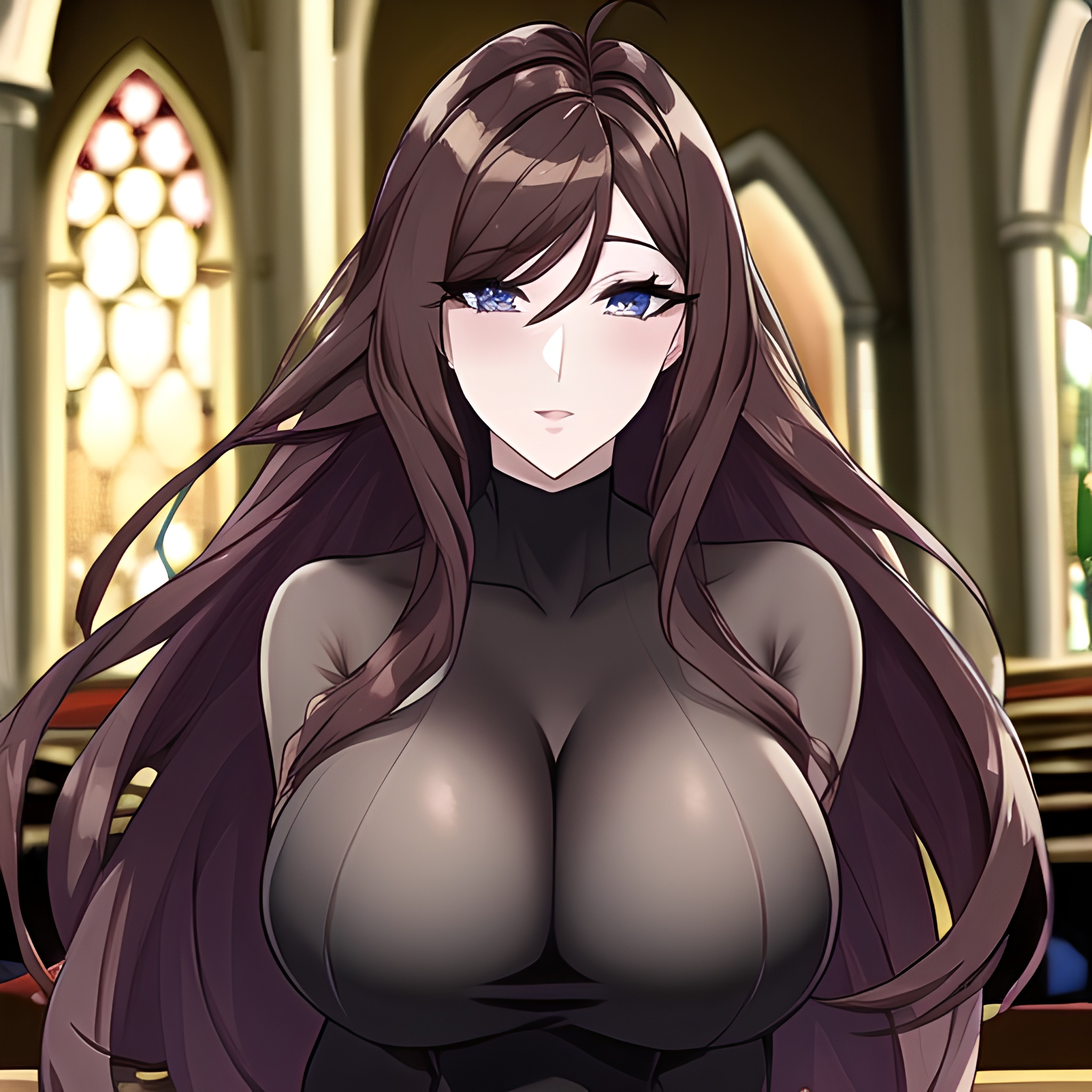 messy hair church woman fishnet long hair brunette