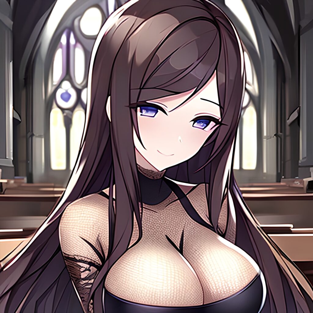 messy hair church woman fishnet long hair brunette
