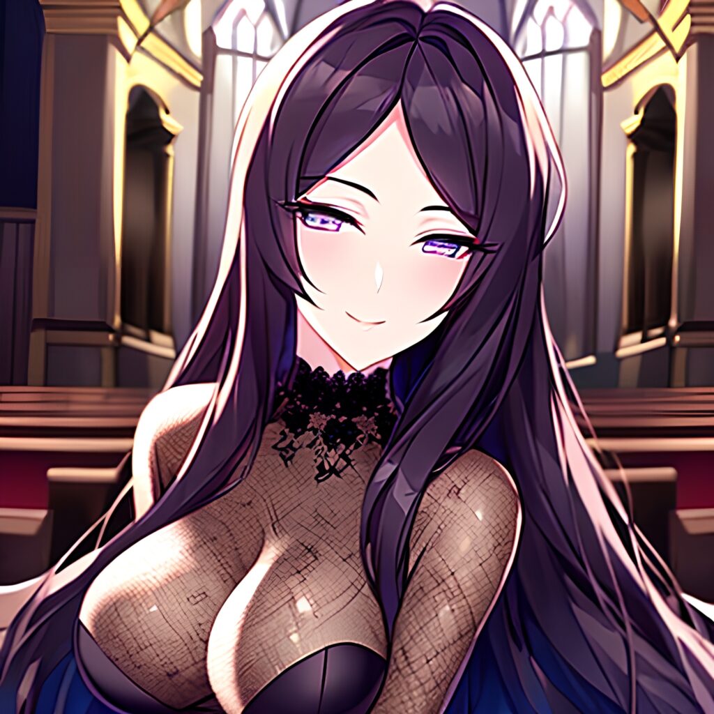 messy hair church woman fishnet long hair brunette