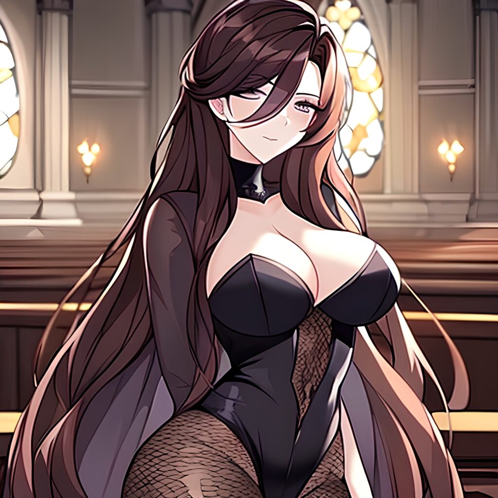 messy hair church woman fishnet long hair brunette