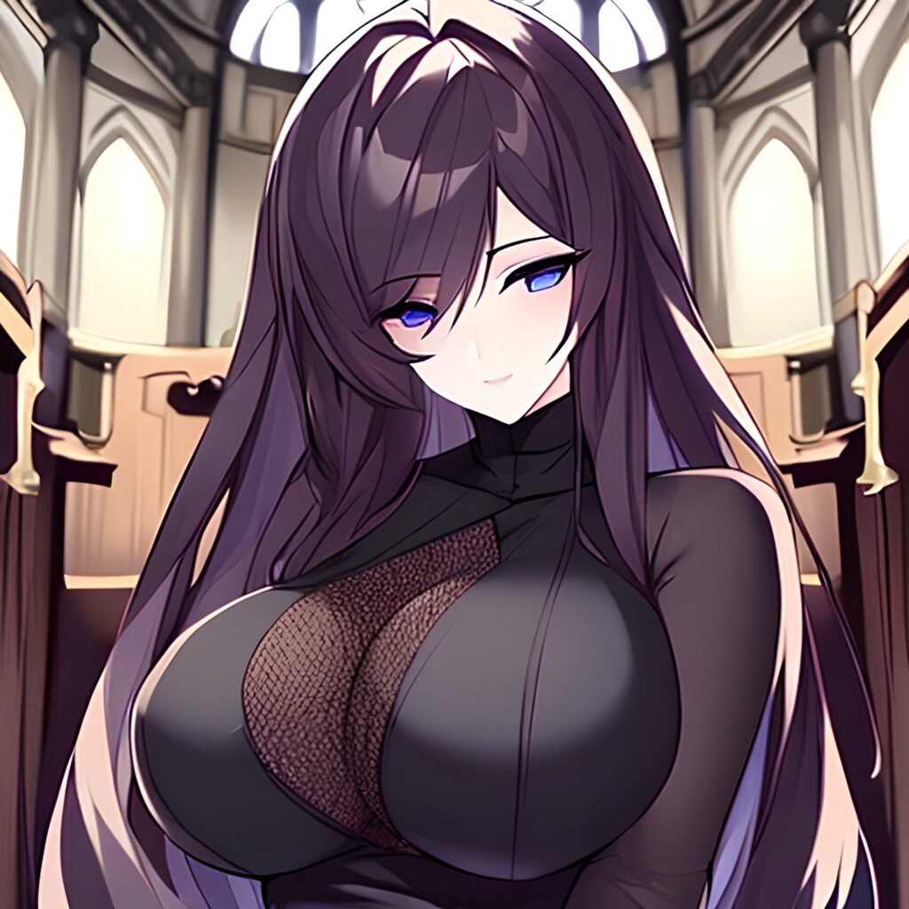 messy hair church woman fishnet long hair brunette