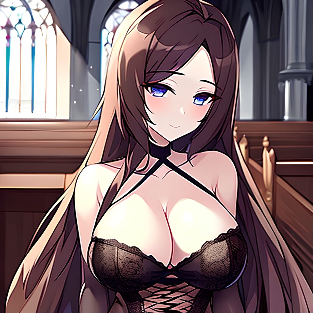 messy hair church woman fishnet long hair brunette