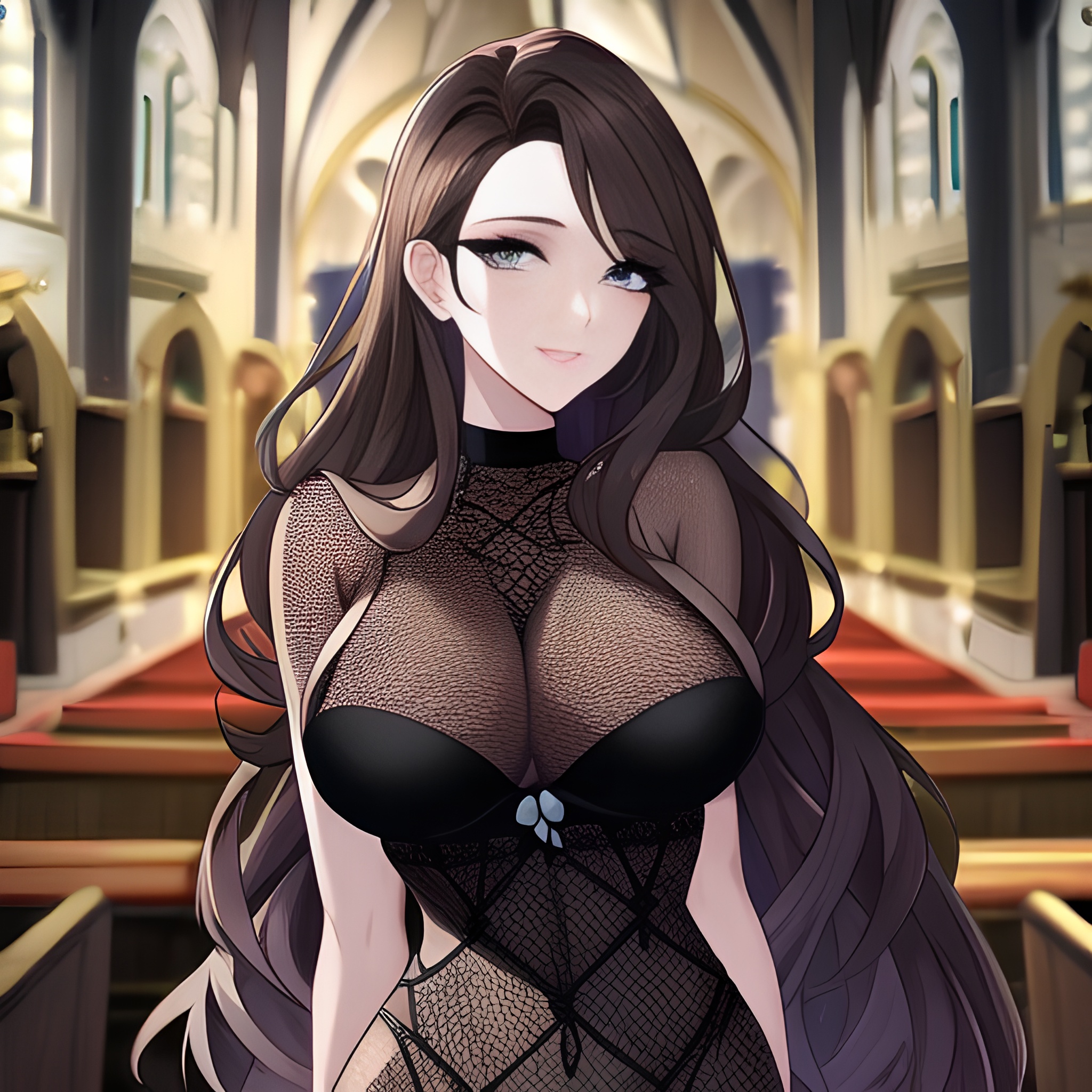 messy hair church woman fishnet long hair brunette 