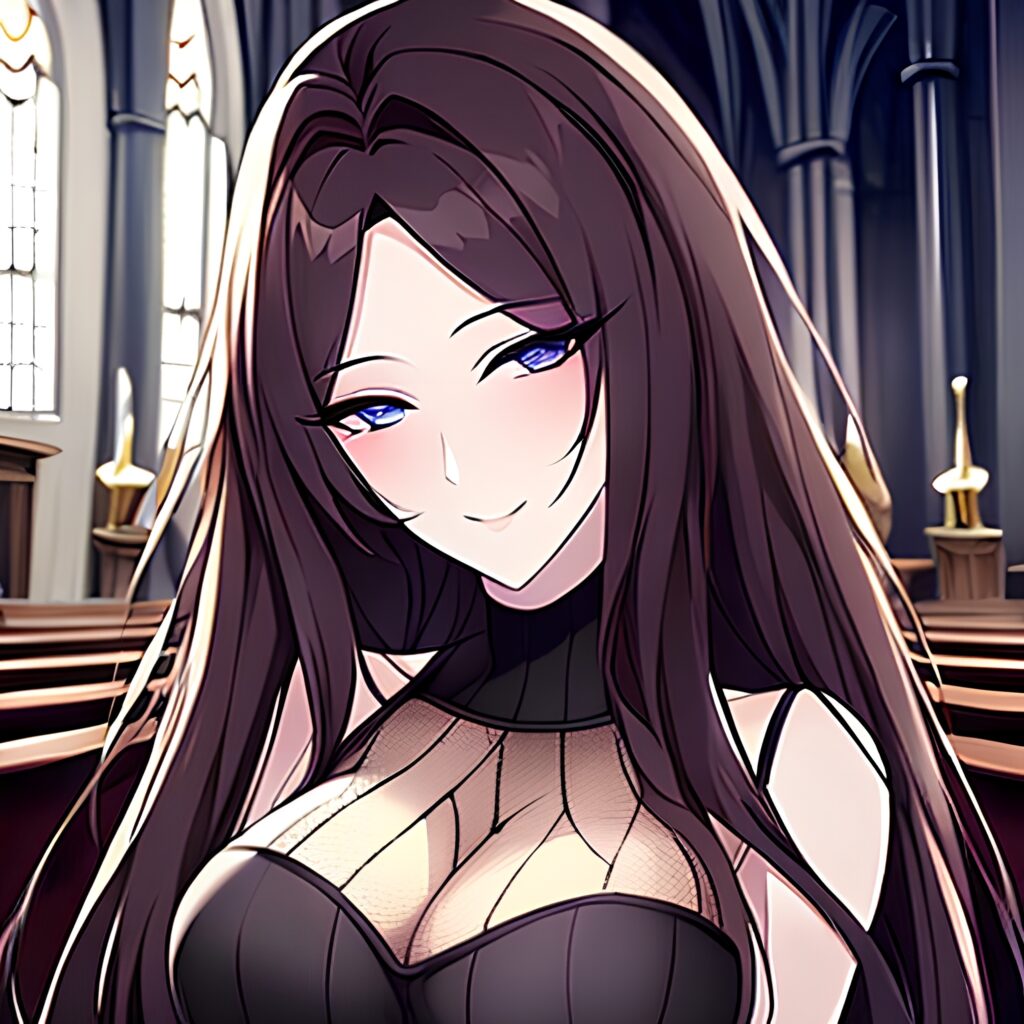 messy hair church woman fishnet long hair brunette 