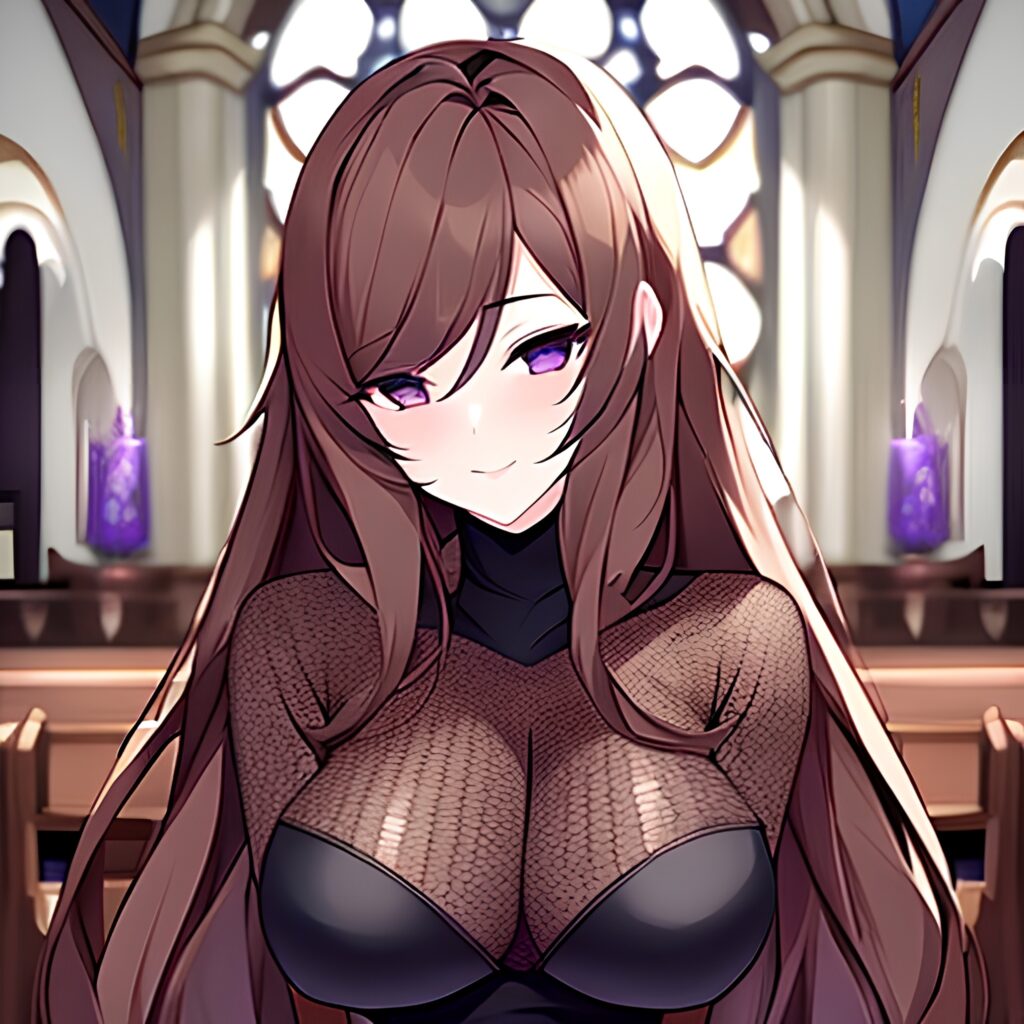 messy hair church woman long hair brunette fishnet