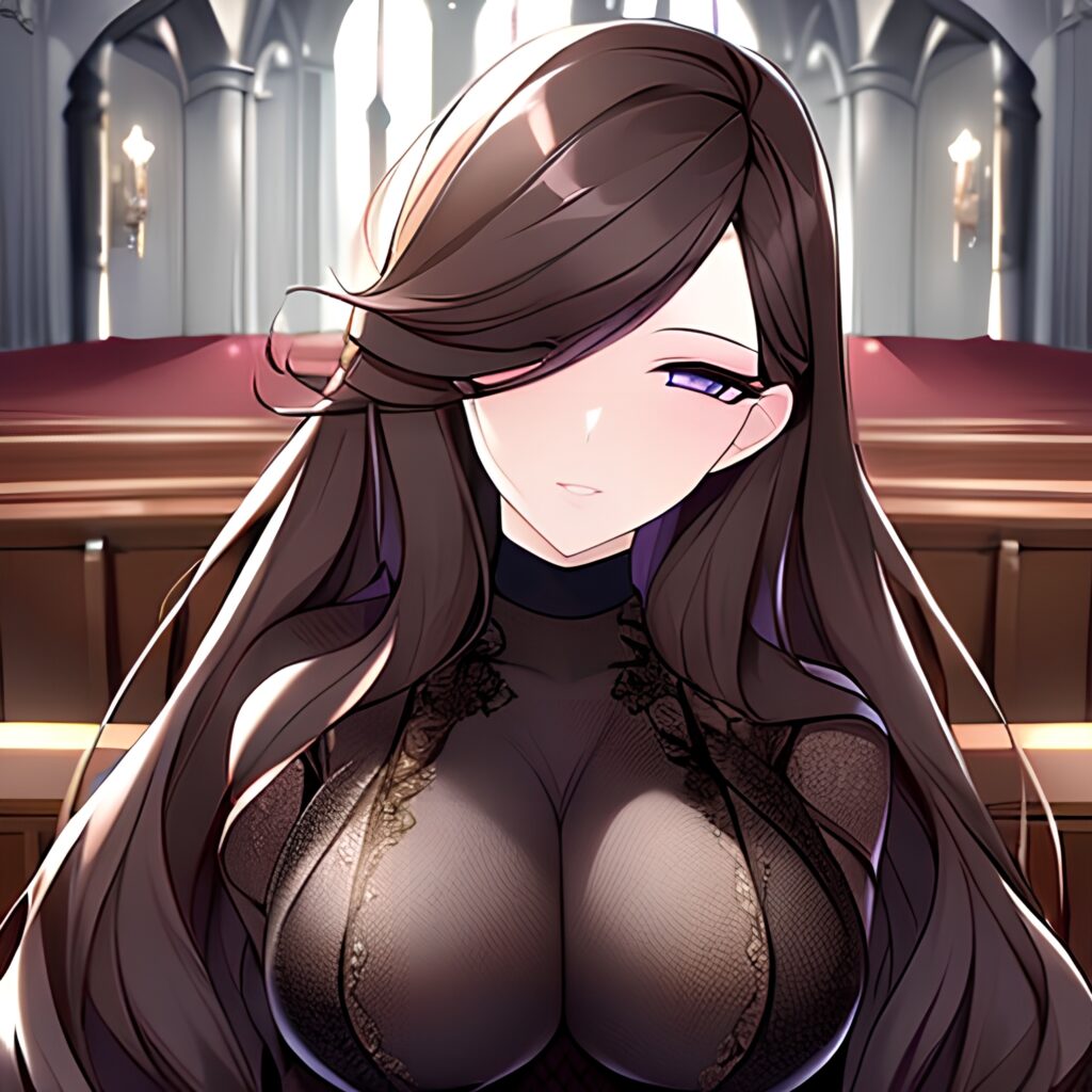 messy hair church woman long hair brunette fishnet 