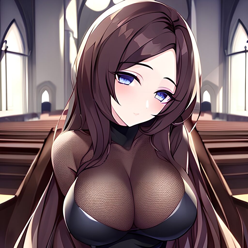 messy hair church woman long hair brunette fishnet