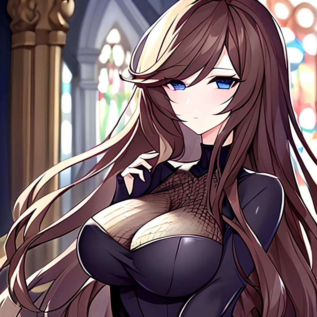 messy hair church woman long hair fishnet brunette