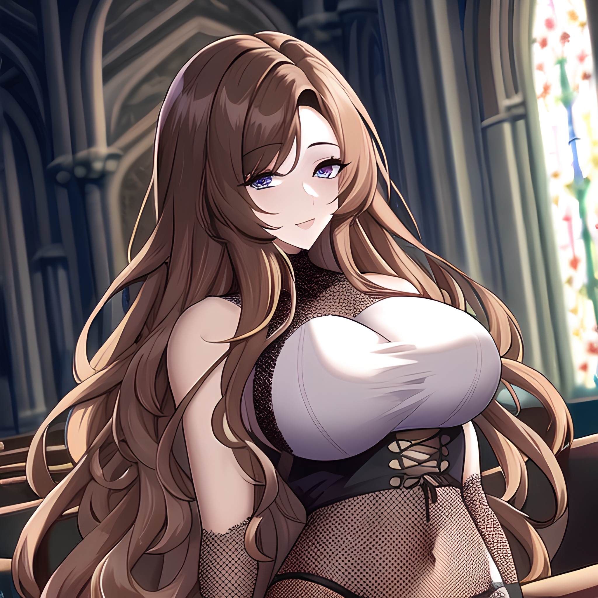 messy hair fishnet brunette church long hair woman 