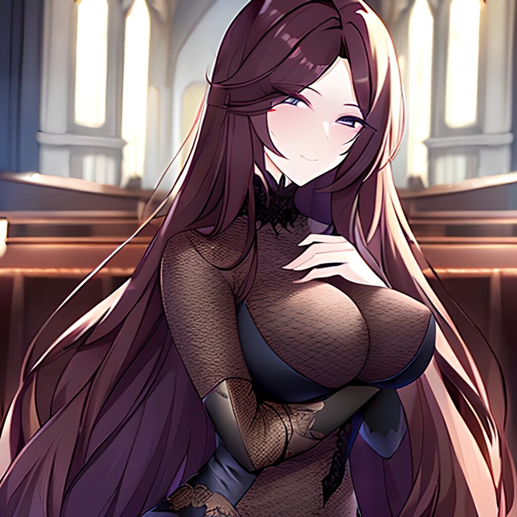 messy hair fishnet brunette church woman long hair