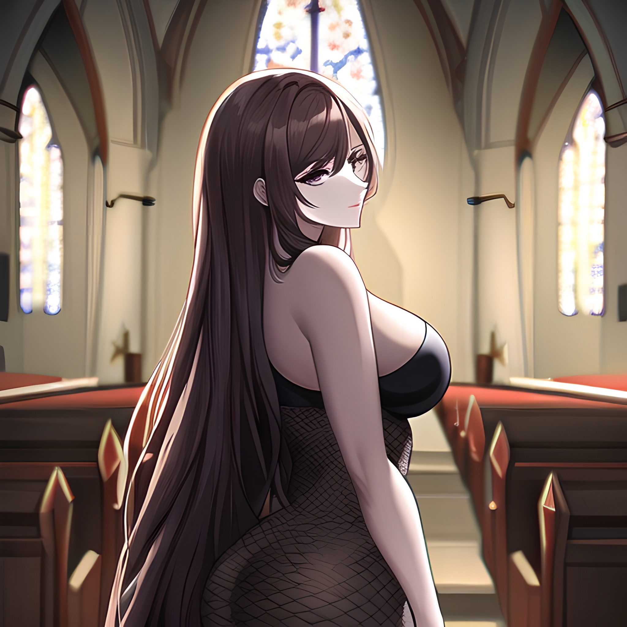 messy hair fishnet brunette church woman long hair 