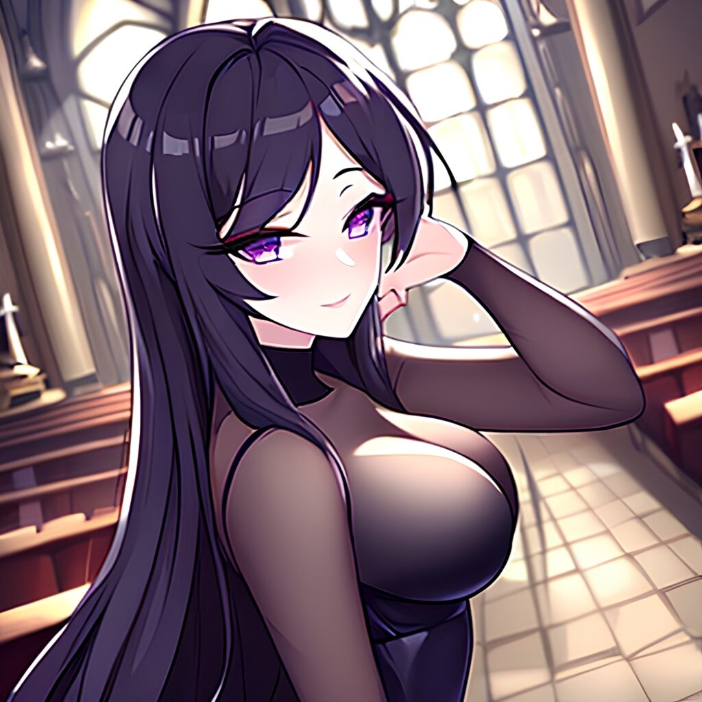 messy hair fishnet brunette long hair church woman