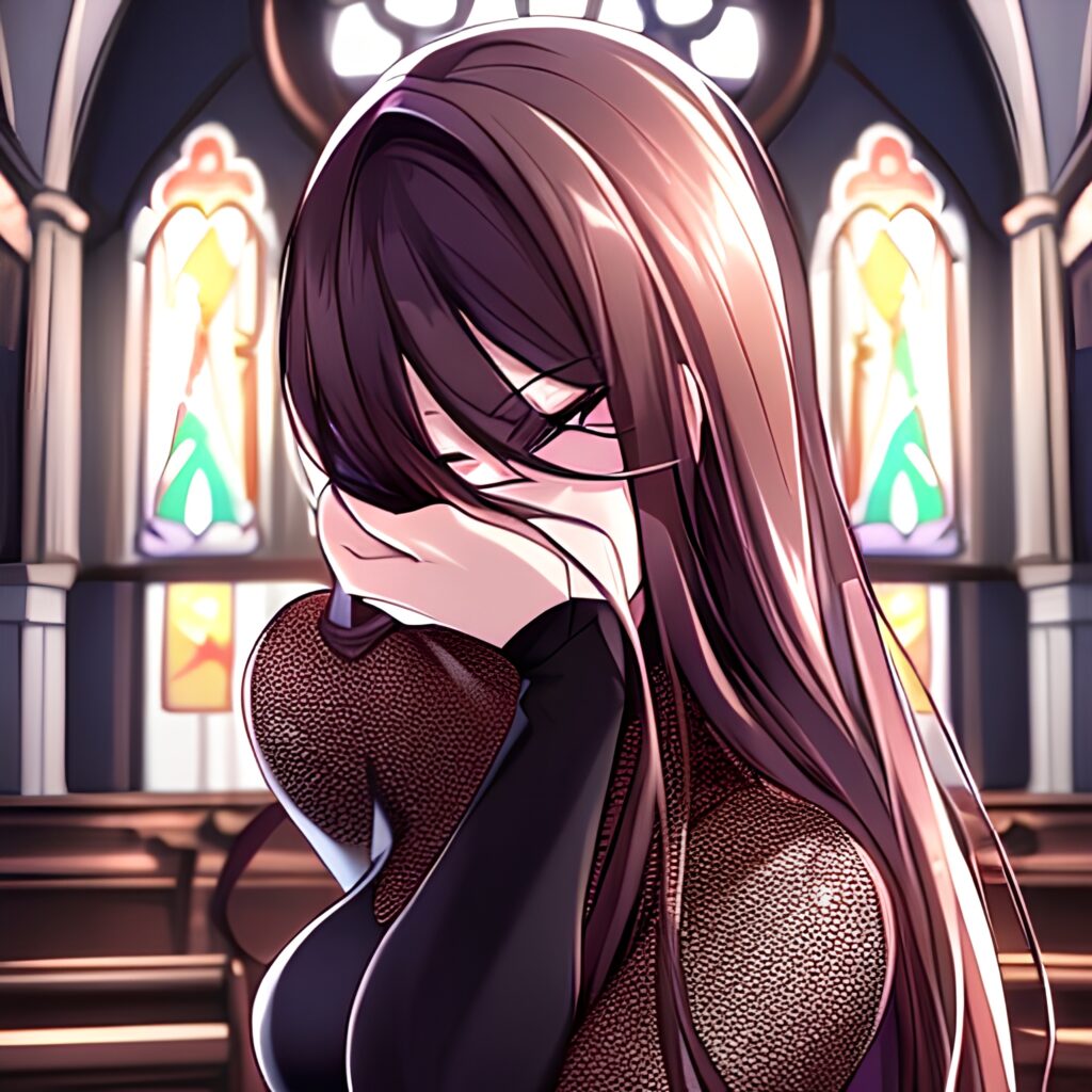 messy hair fishnet brunette long hair church woman