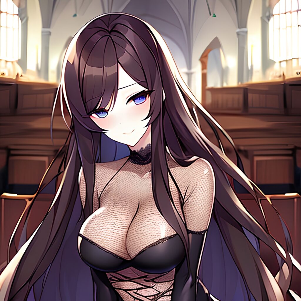 messy hair fishnet brunette long hair church woman