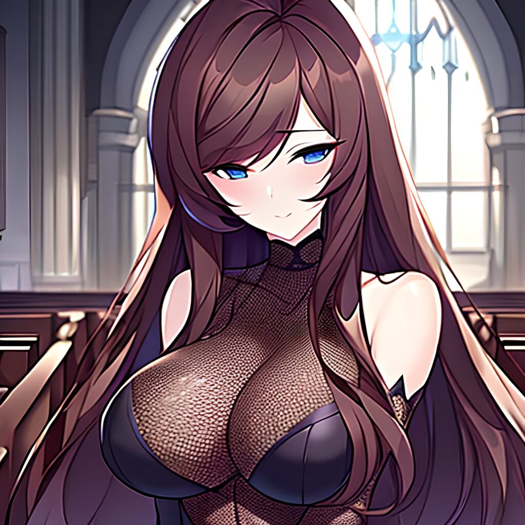 messy hair fishnet brunette long hair church woman