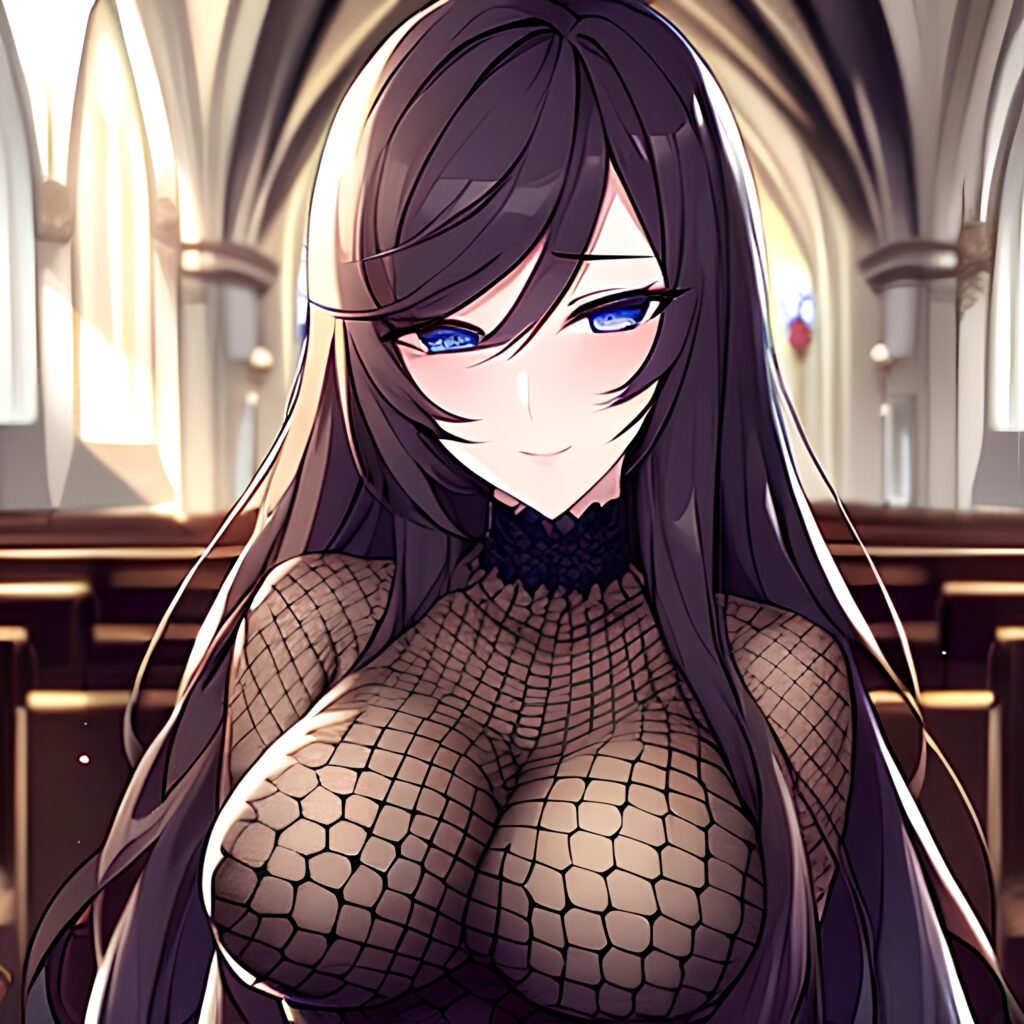 messy hair fishnet brunette long hair church woman 