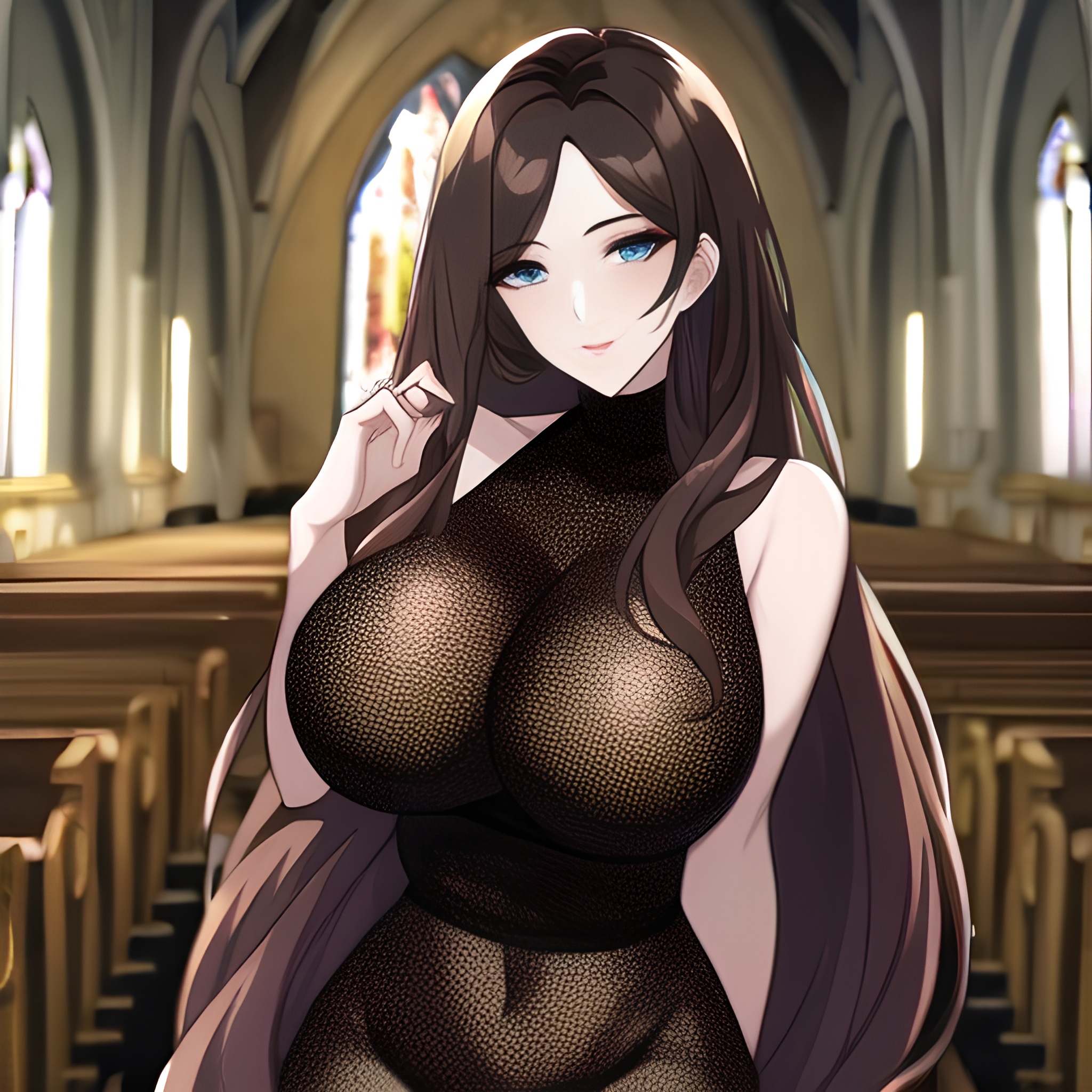 messy hair fishnet brunette long hair woman church