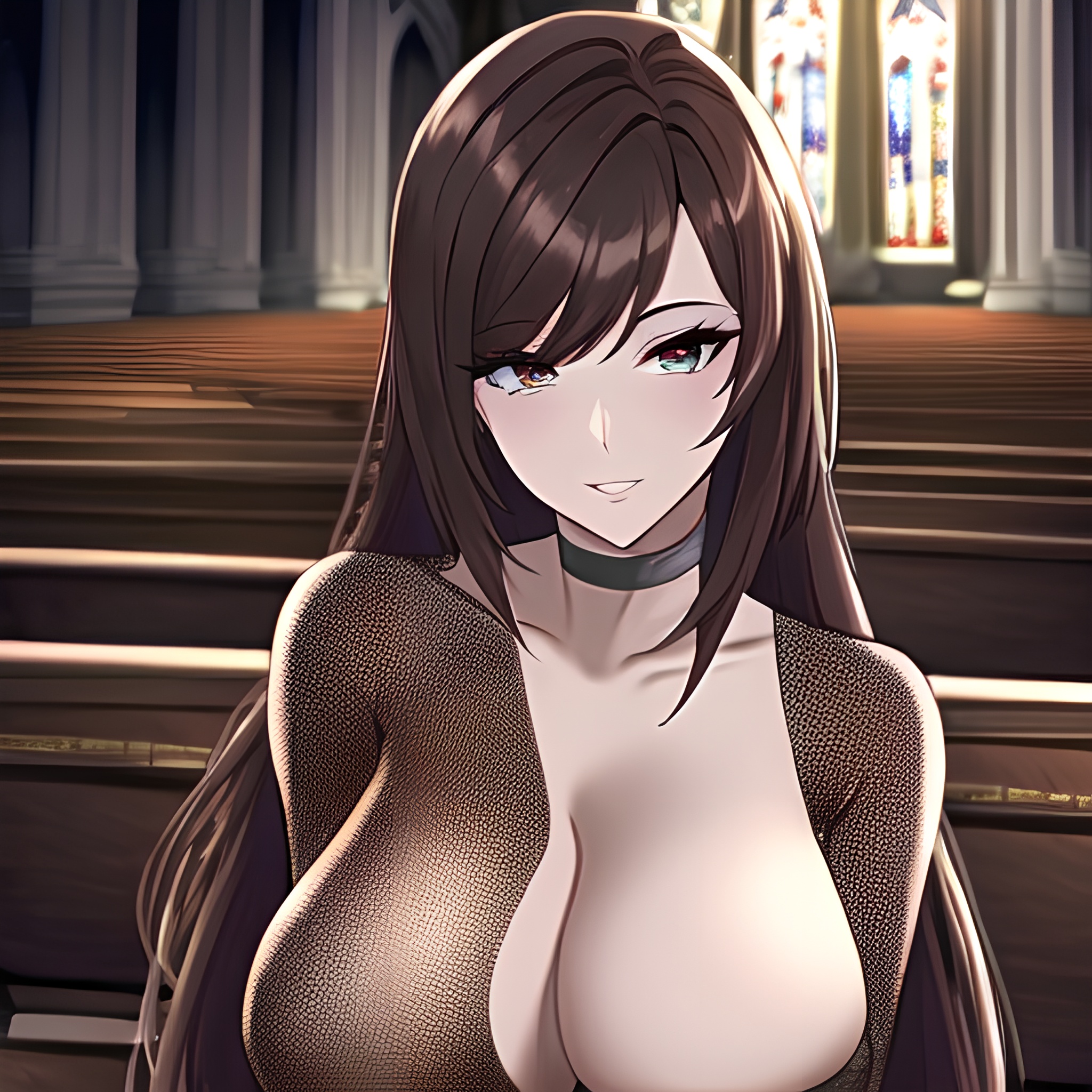 messy hair fishnet brunette long hair woman church