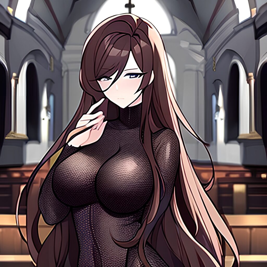 messy hair fishnet brunette woman church long hair