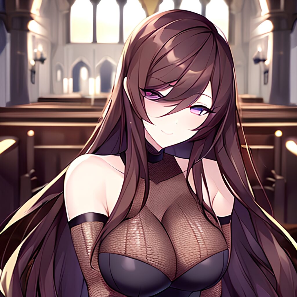 messy hair fishnet brunette woman church long hair