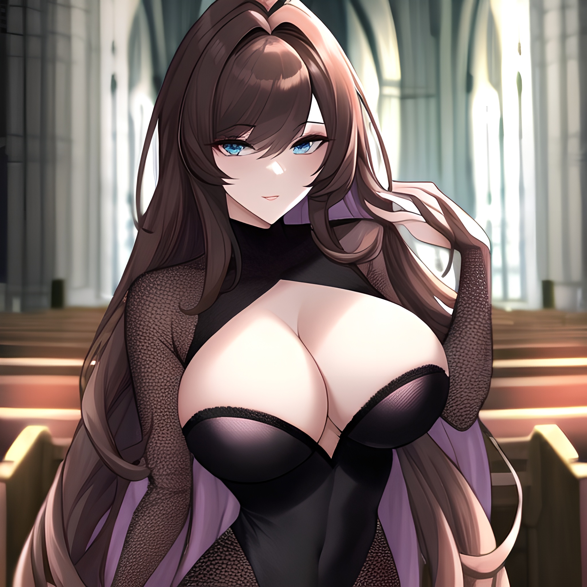 messy hair fishnet brunette woman long hair church