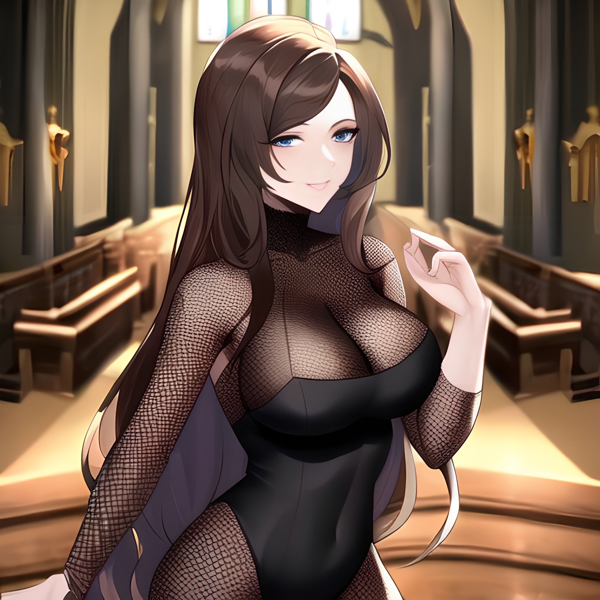 messy hair fishnet brunette woman long hair church 