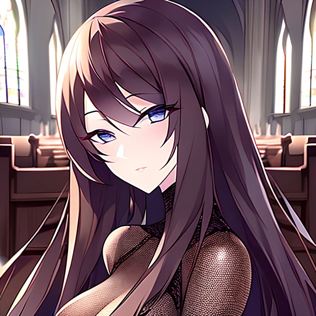 messy hair fishnet brunette woman long hair church 