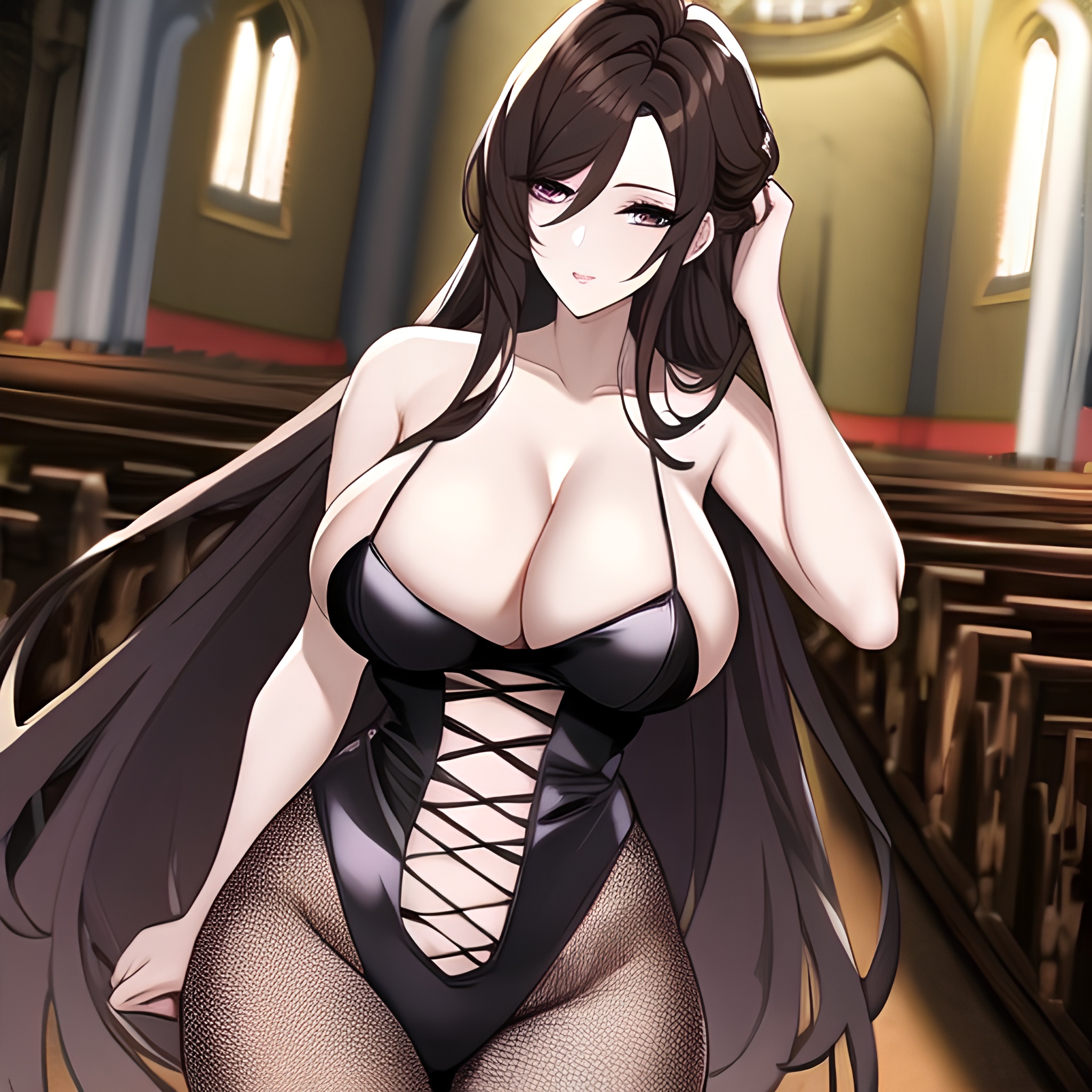 messy hair fishnet church brunette long hair woman 