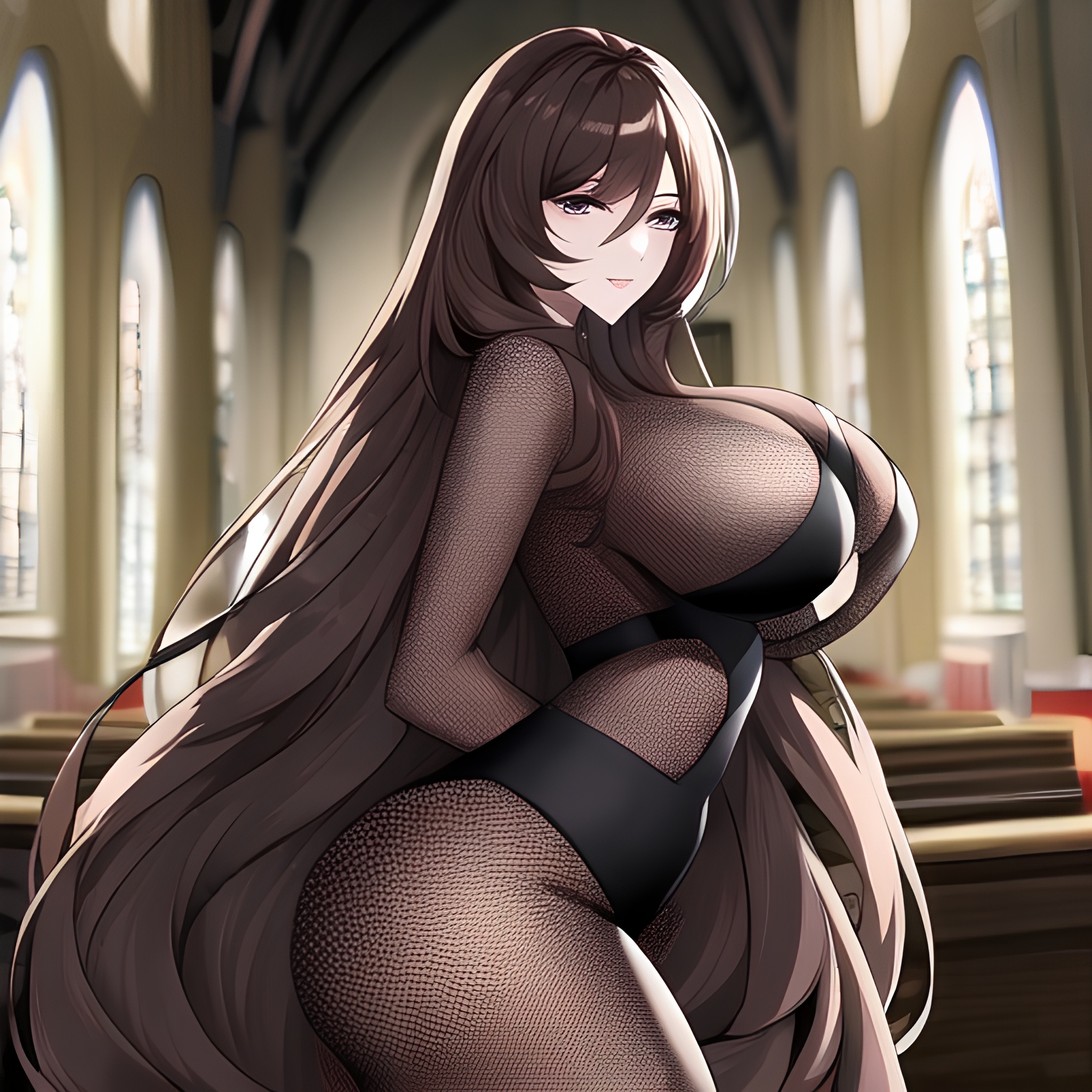 messy hair fishnet church brunette long hair woman 