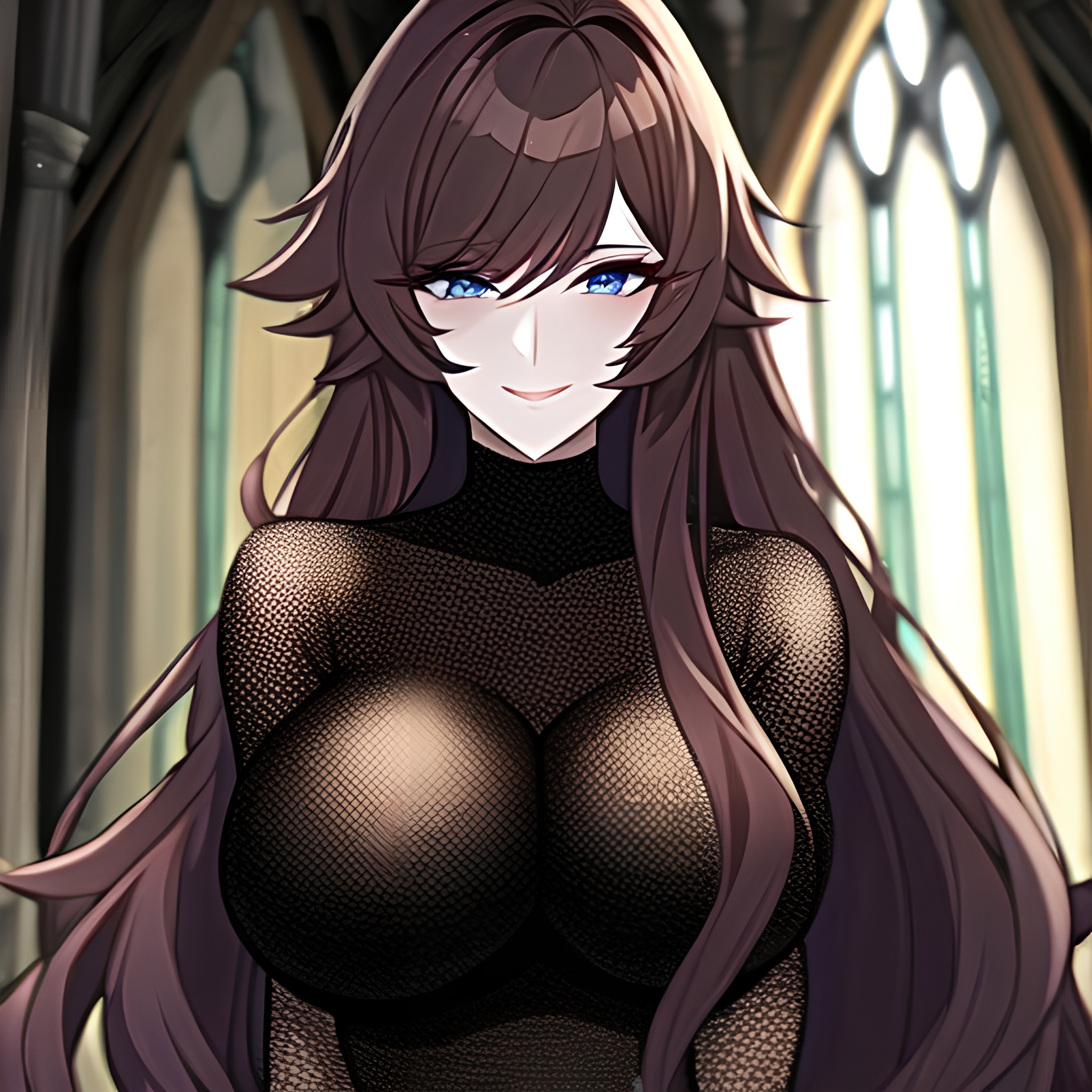messy hair fishnet church brunette long hair woman