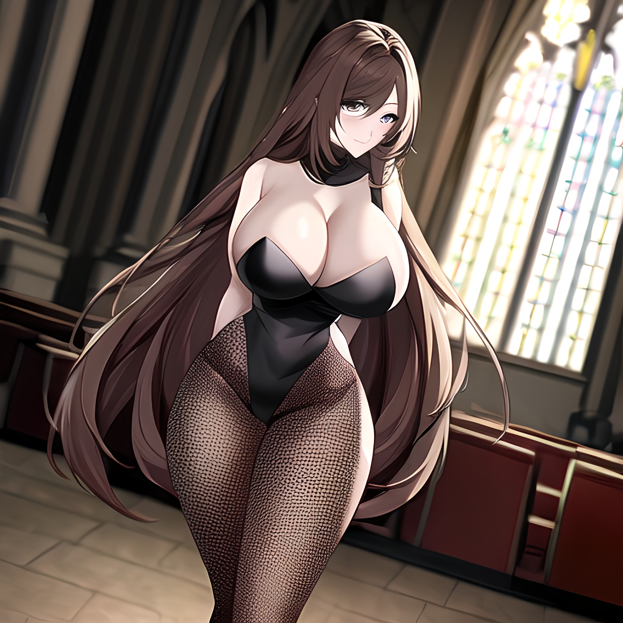 messy hair fishnet church brunette long hair woman