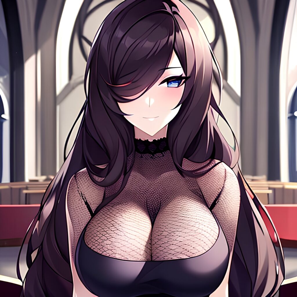 messy hair fishnet church long hair brunette woman