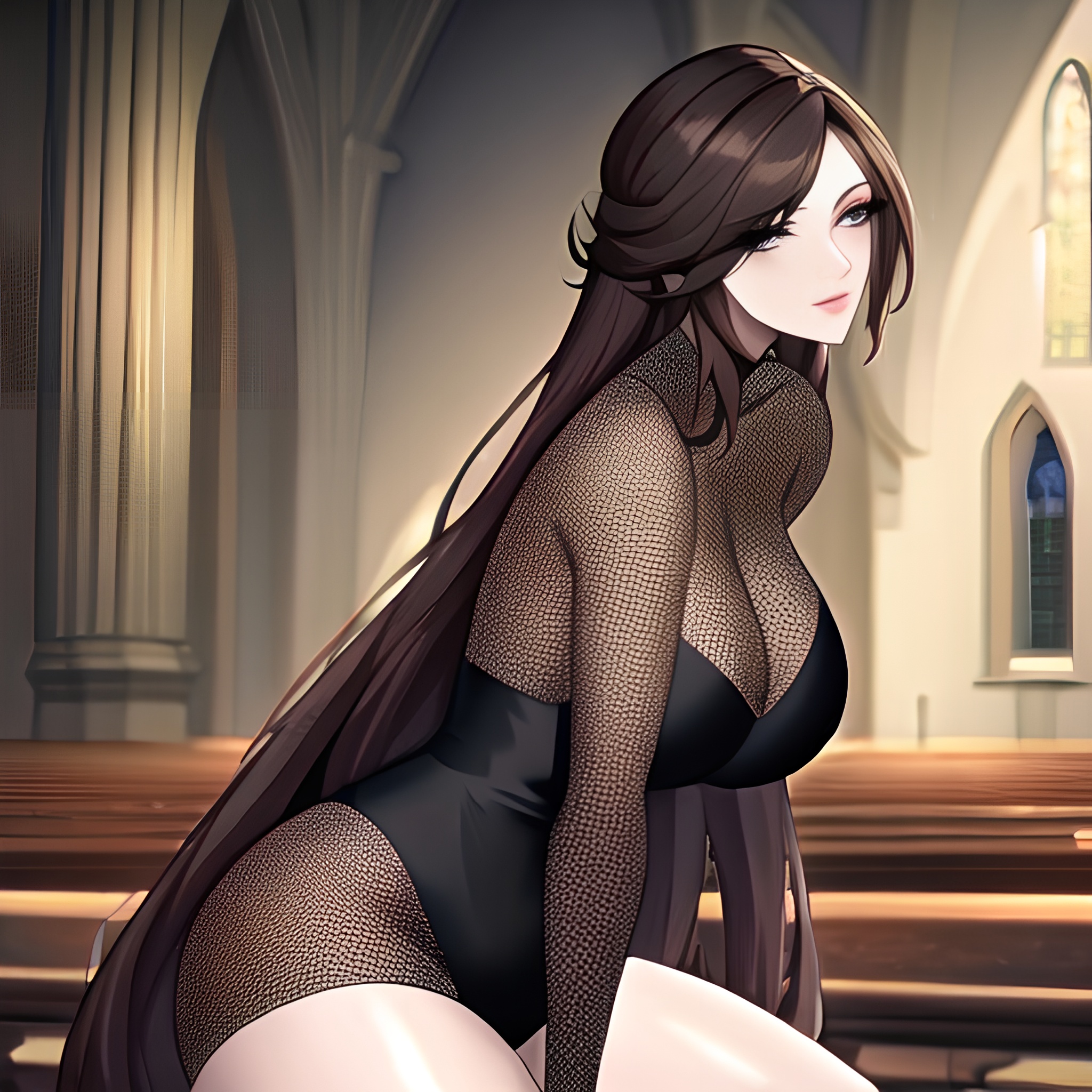 messy hair fishnet church woman brunette long hair 