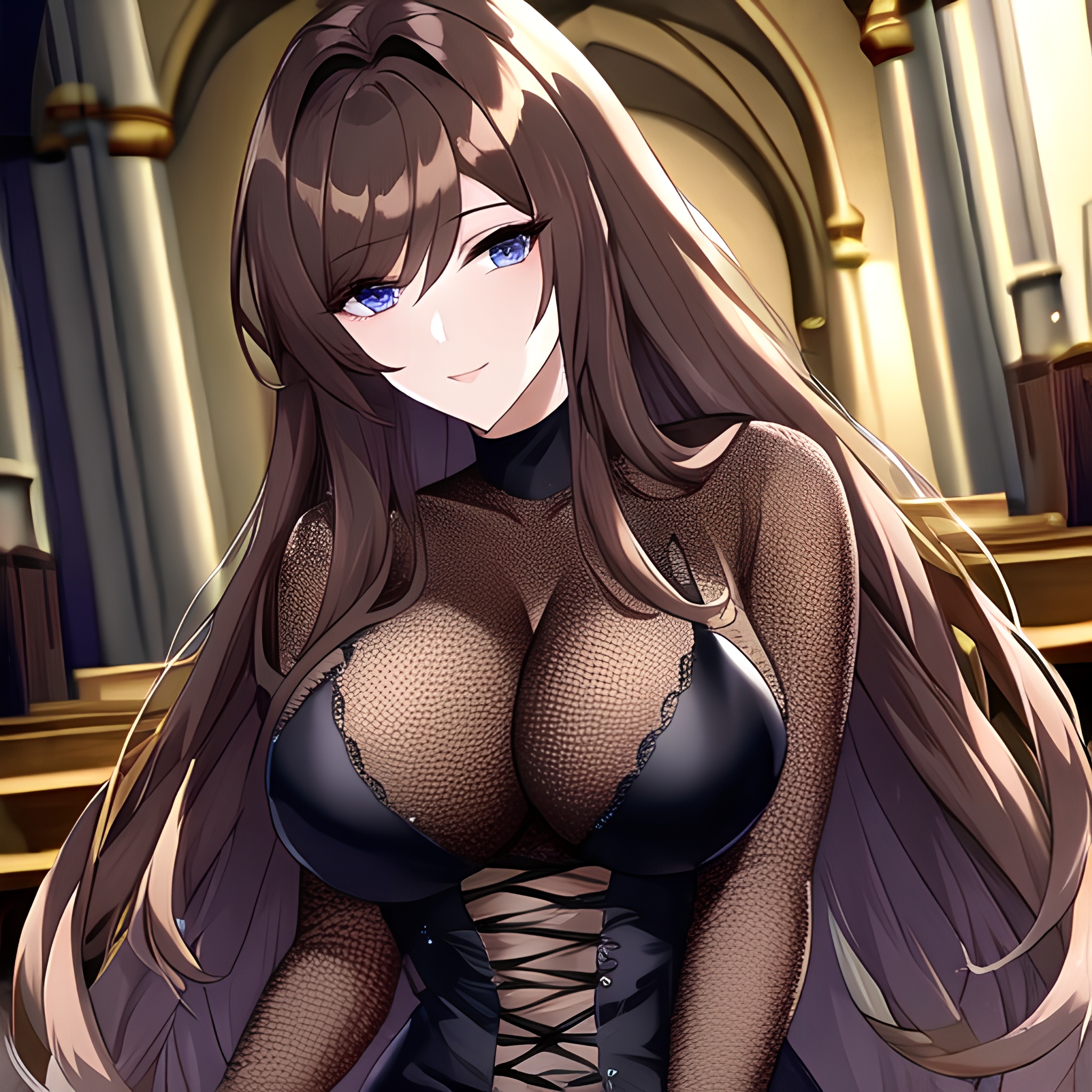 messy hair fishnet church woman brunette long hair