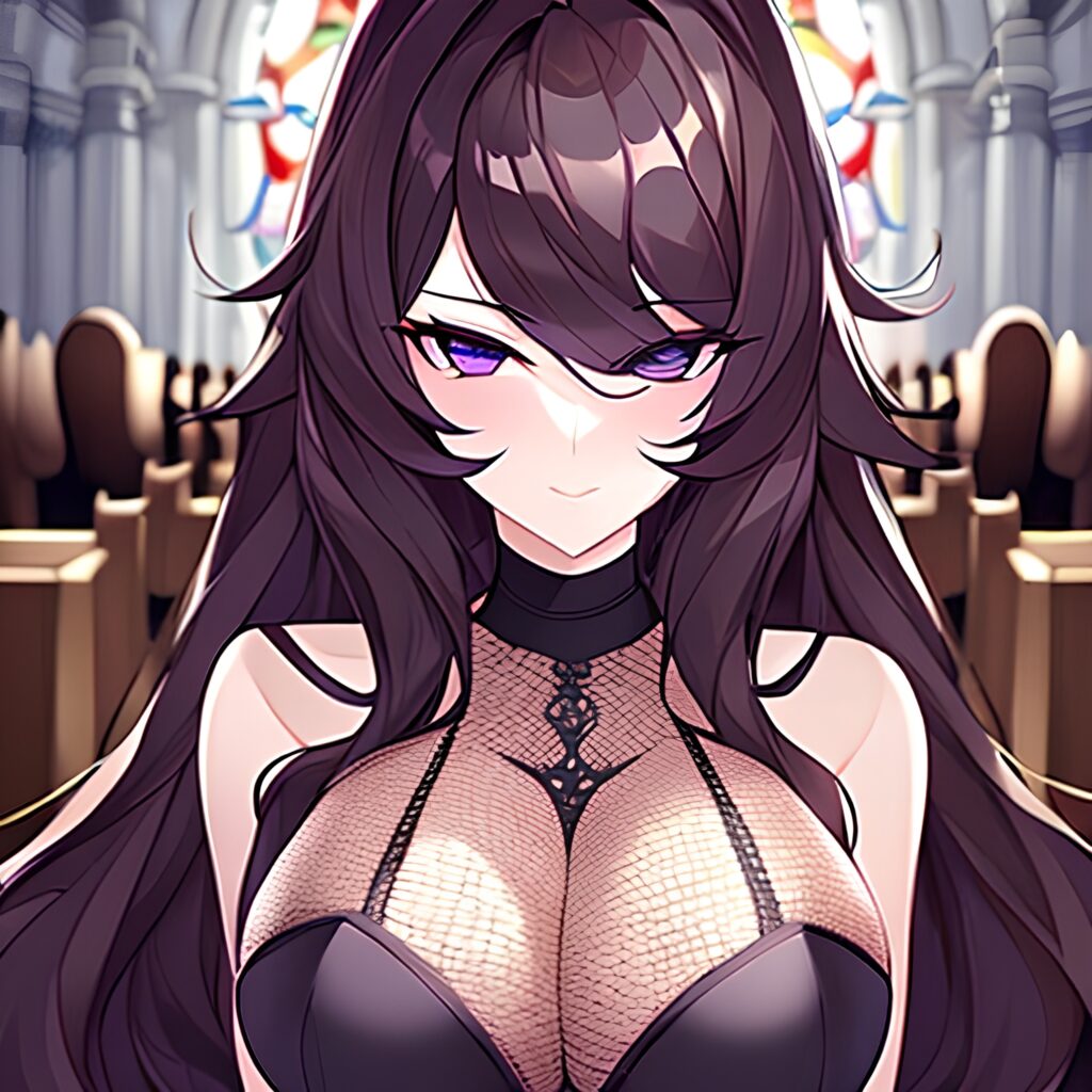 messy hair fishnet church woman brunette long hair 