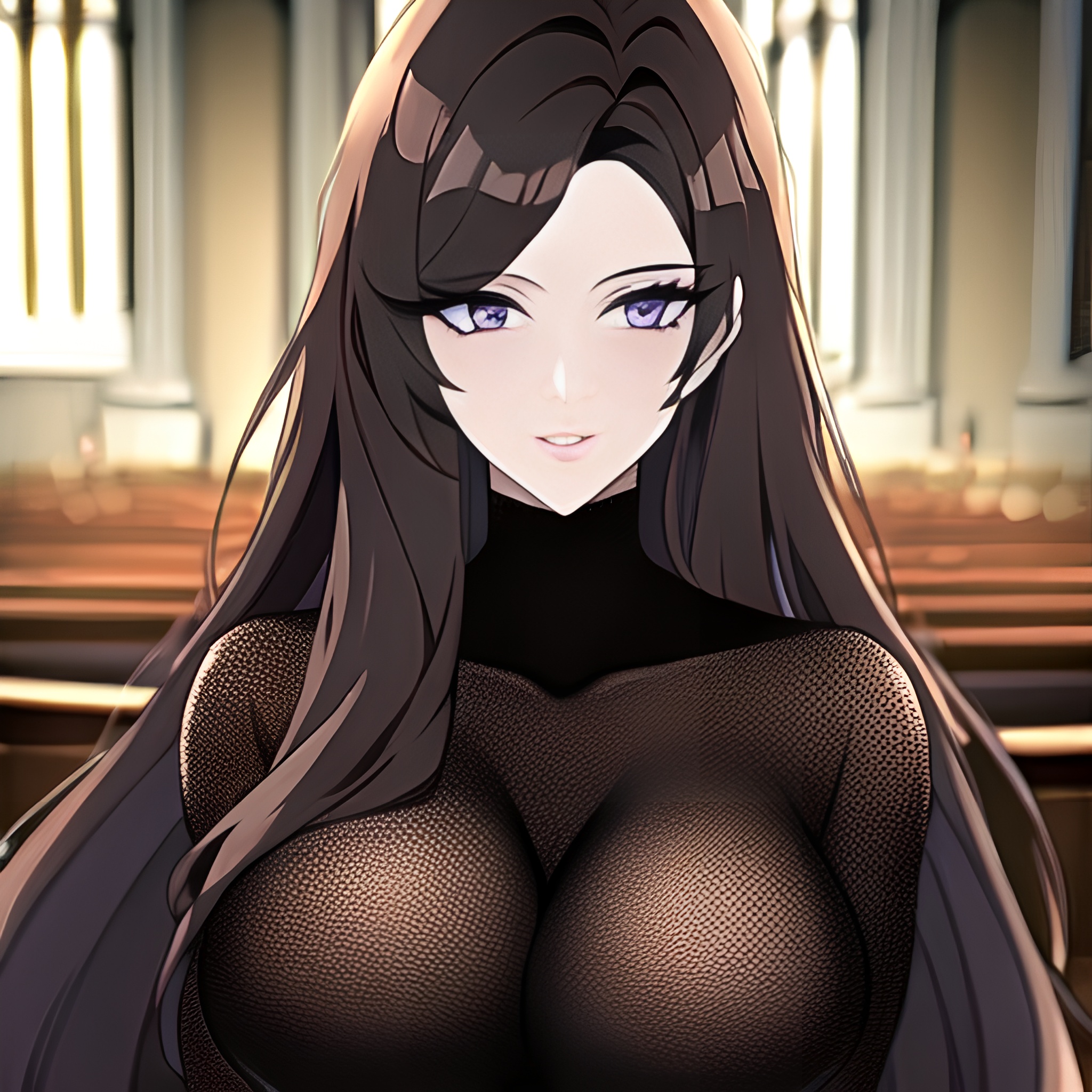 messy hair fishnet church woman long hair brunette 