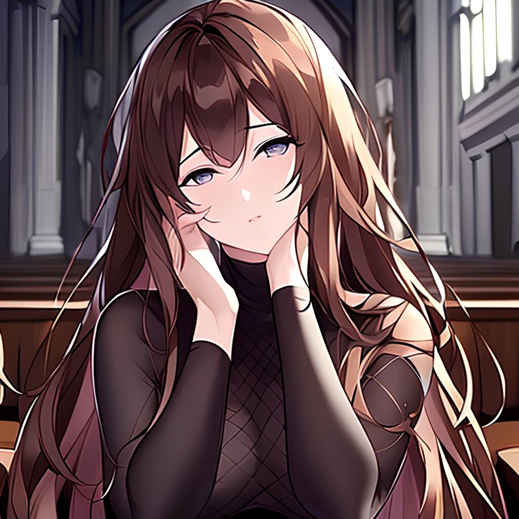 messy hair fishnet church woman long hair brunette 