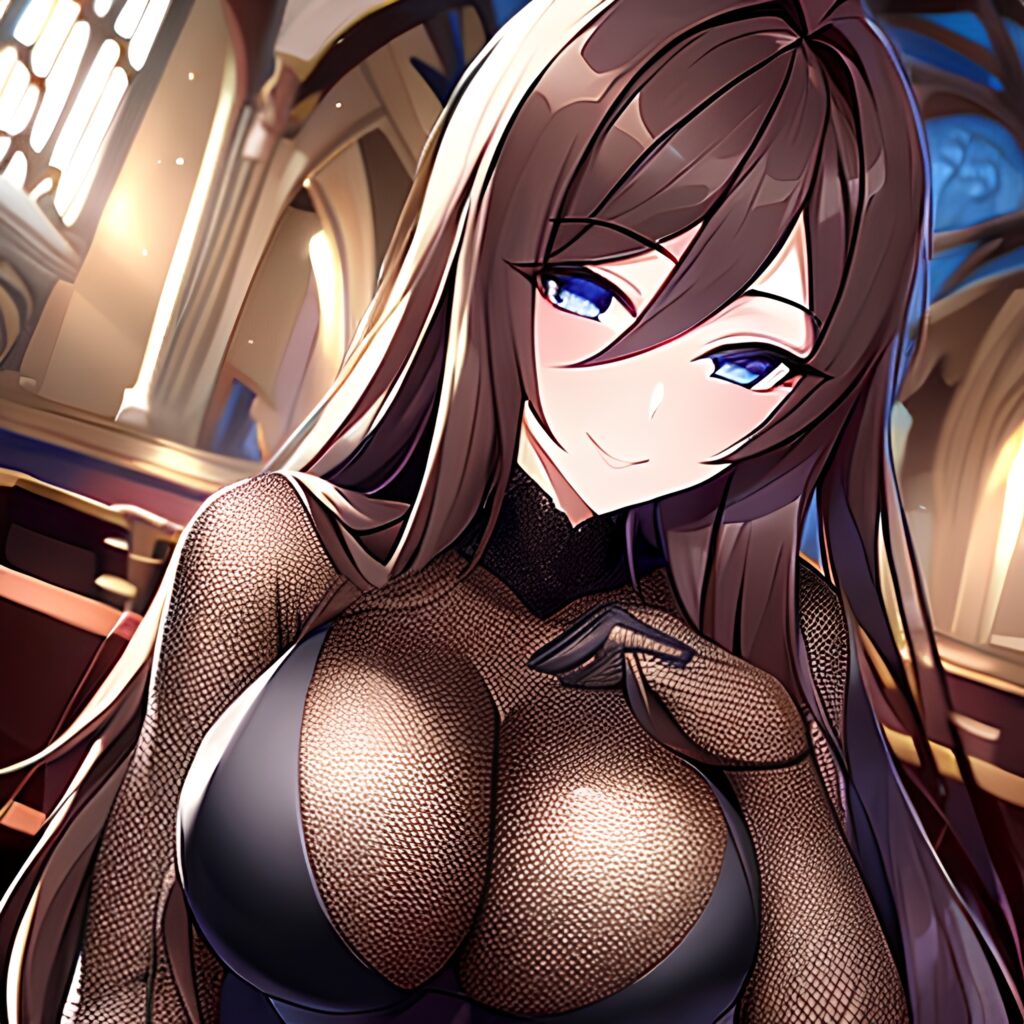 messy hair fishnet church woman long hair brunette 