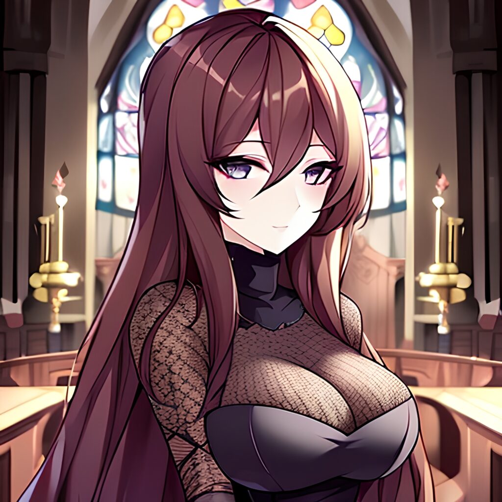 messy hair fishnet church woman long hair brunette 