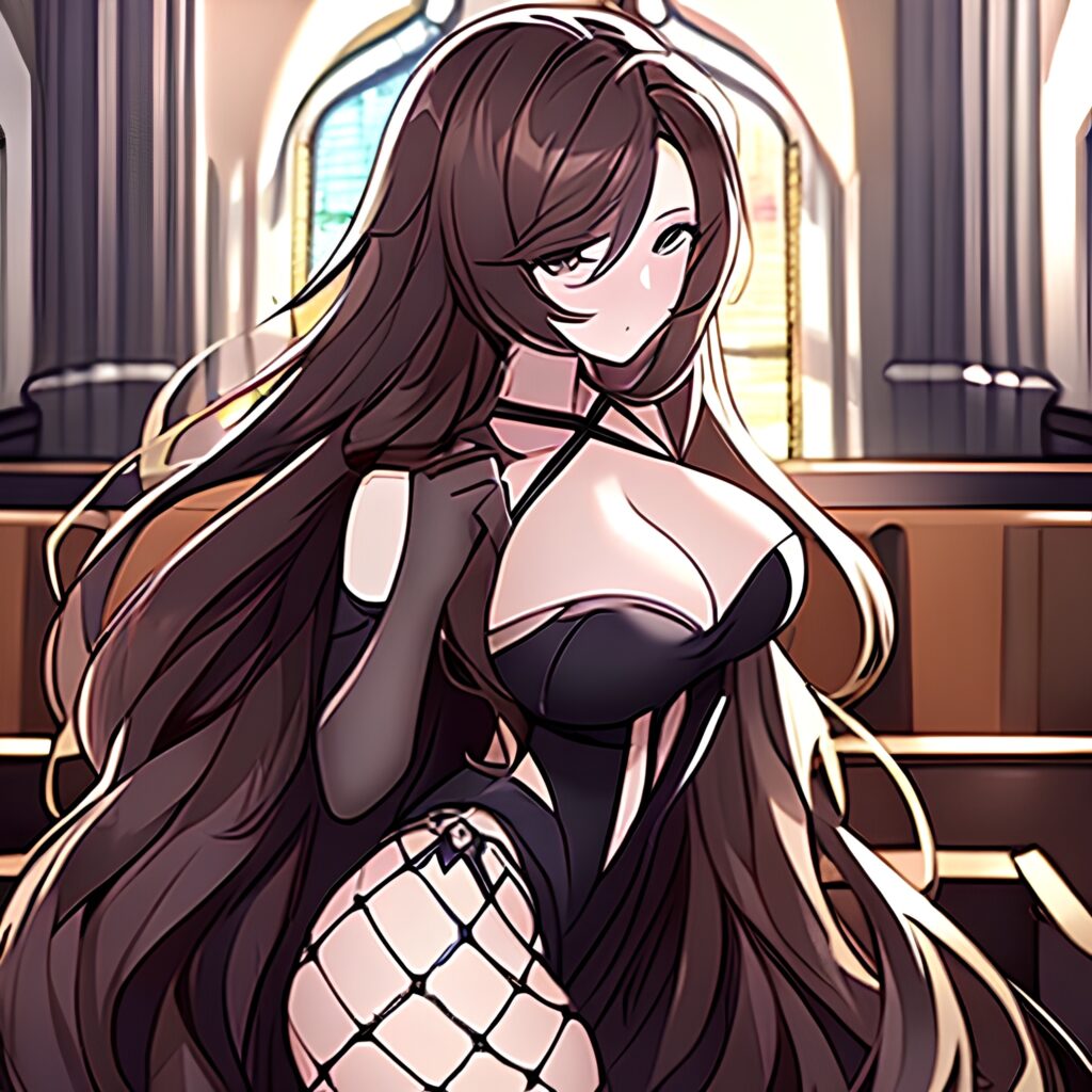 messy hair fishnet long hair brunette church woman