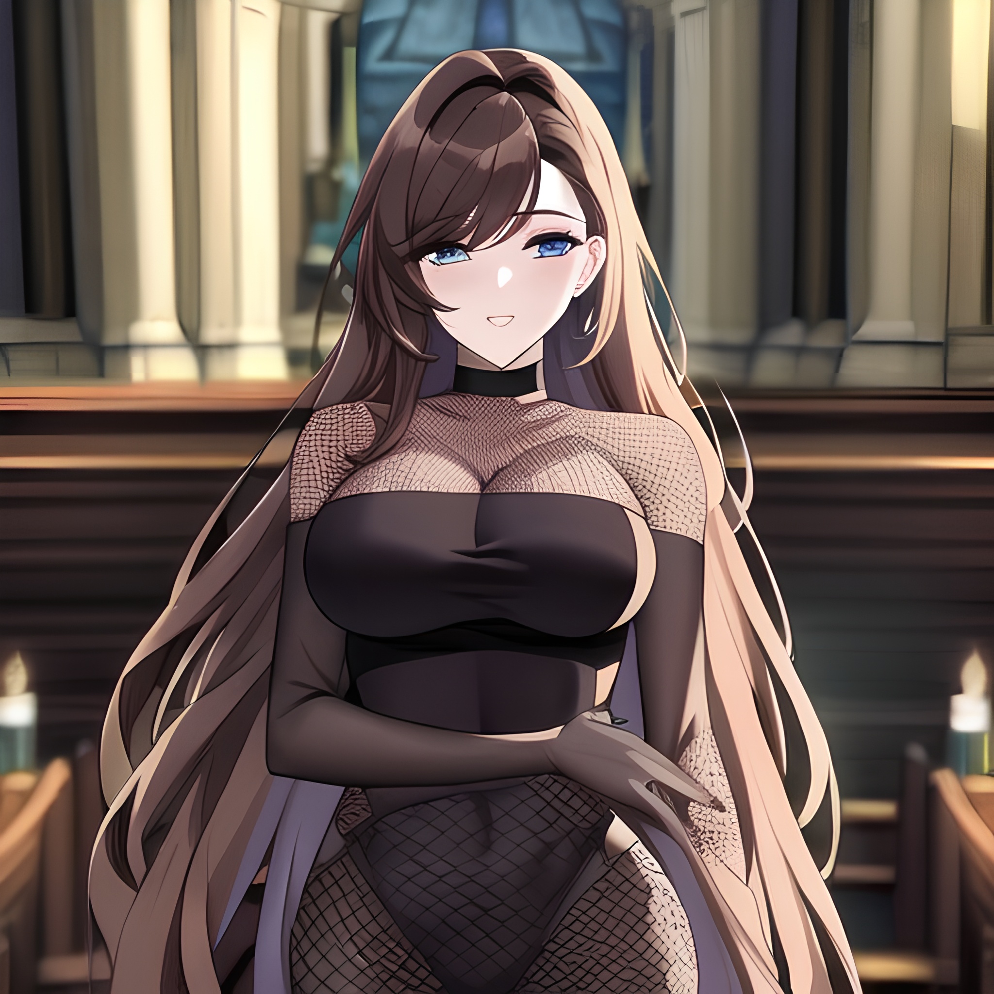 messy hair fishnet long hair brunette church woman 