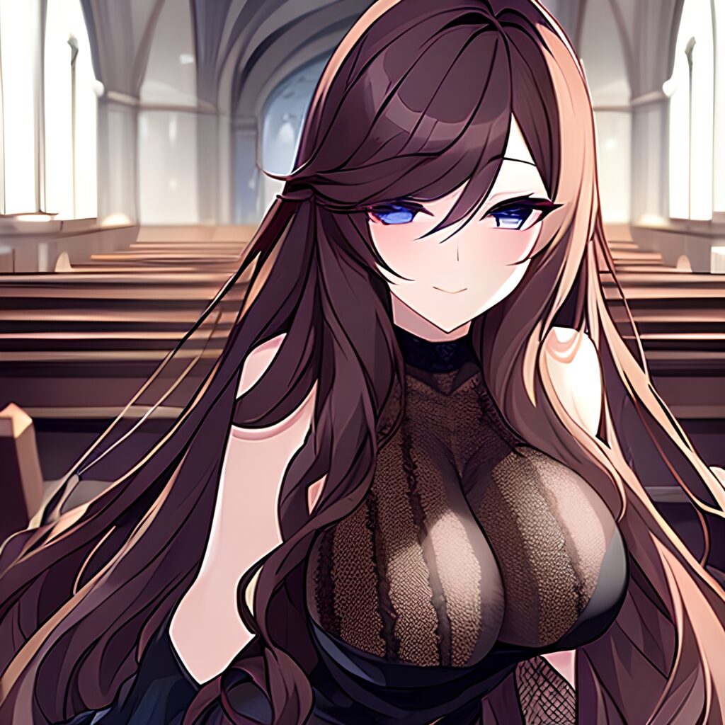 messy hair fishnet long hair brunette church woman 