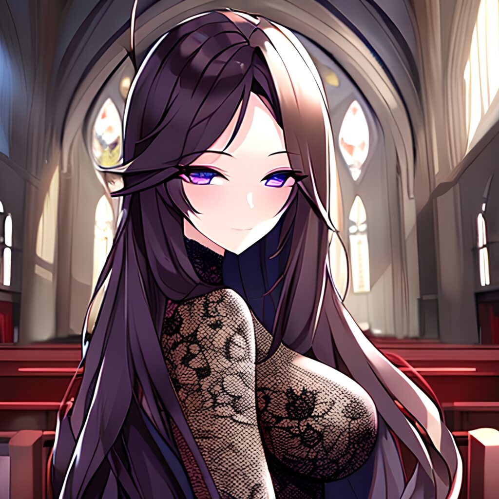 messy hair fishnet long hair brunette church woman 