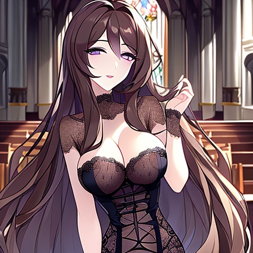 messy hair fishnet long hair brunette church woman 