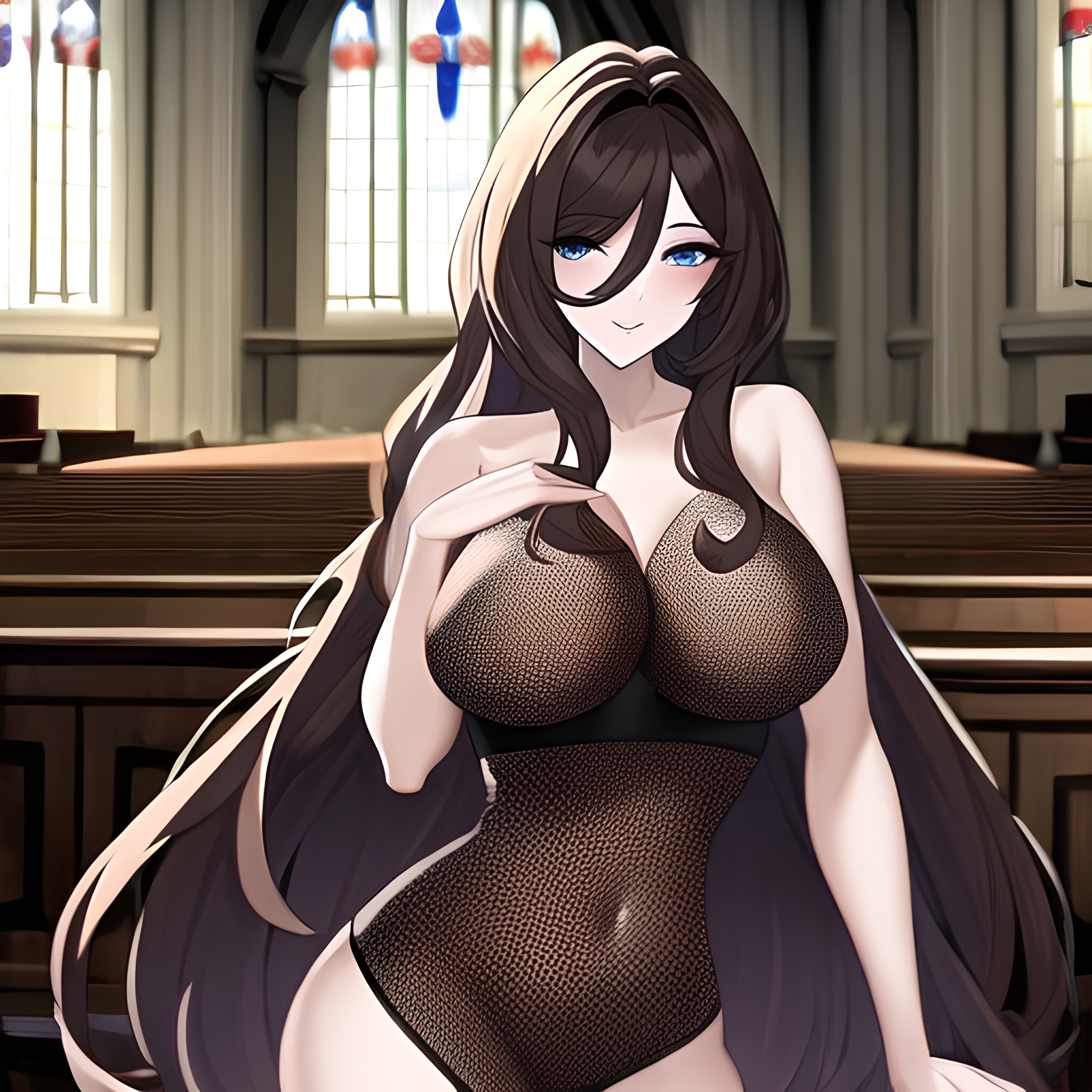 messy hair fishnet long hair brunette woman church