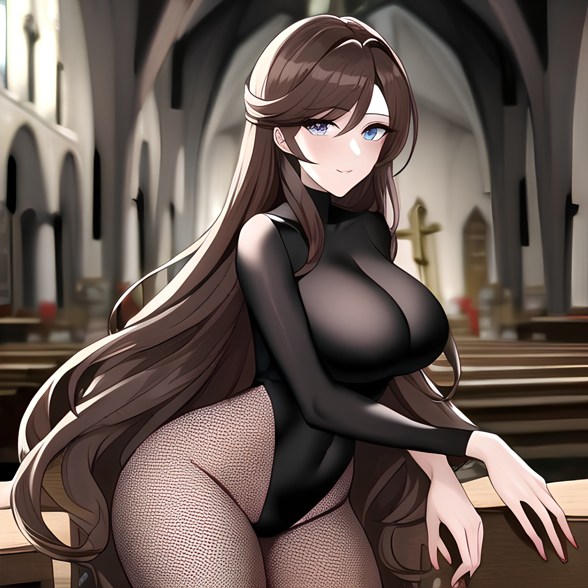 messy hair fishnet long hair brunette woman church 