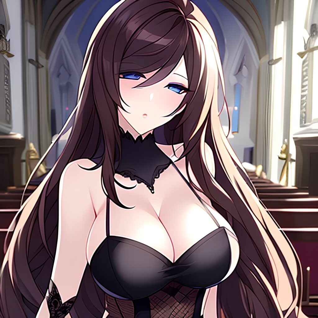 messy hair fishnet long hair brunette woman church 